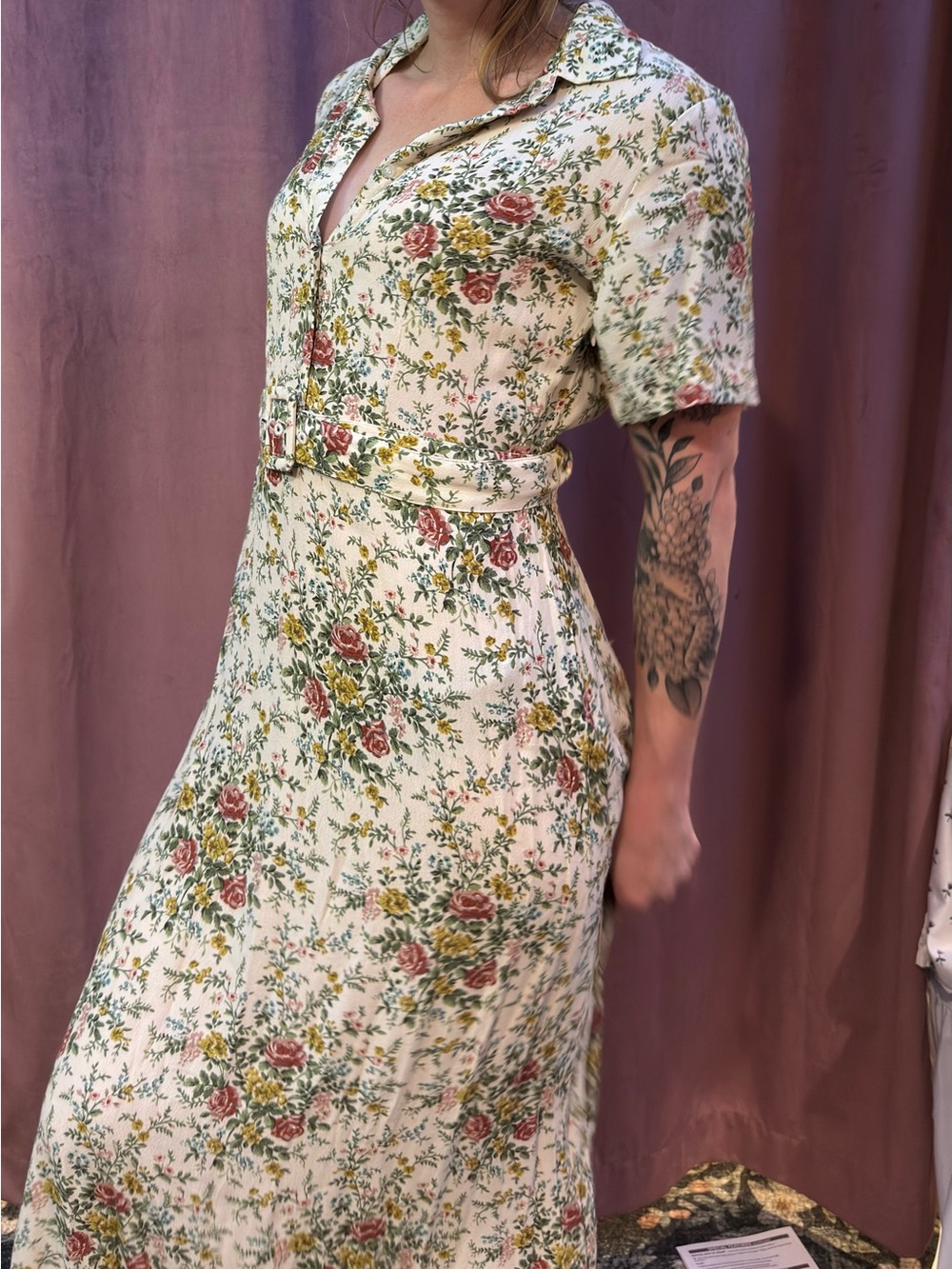 Vintage Floral Prairie Maxi Dress Belted Collared Cottagecore Medium